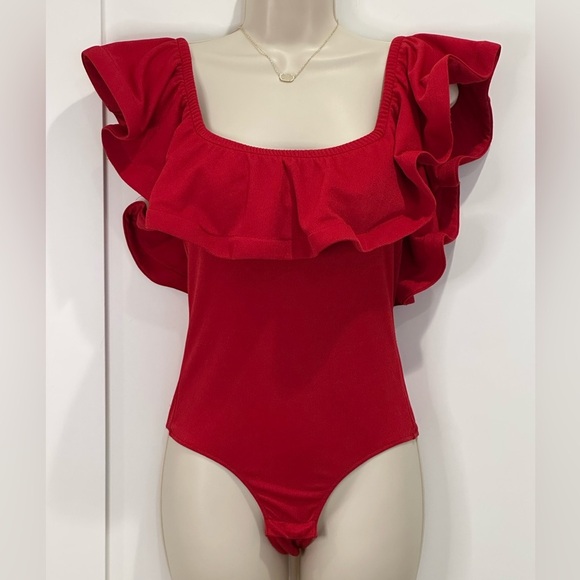 Misa Los Angeles Corcica Ruffle Bodysuit Off Shoulder Red XS Coquette Girly - Picture 3 of 11